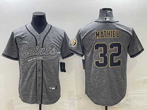 Mens New Orleans Saints #32 Tyrann Mathieu Gray With Patch Cool Base Stitched Baseball Jersey